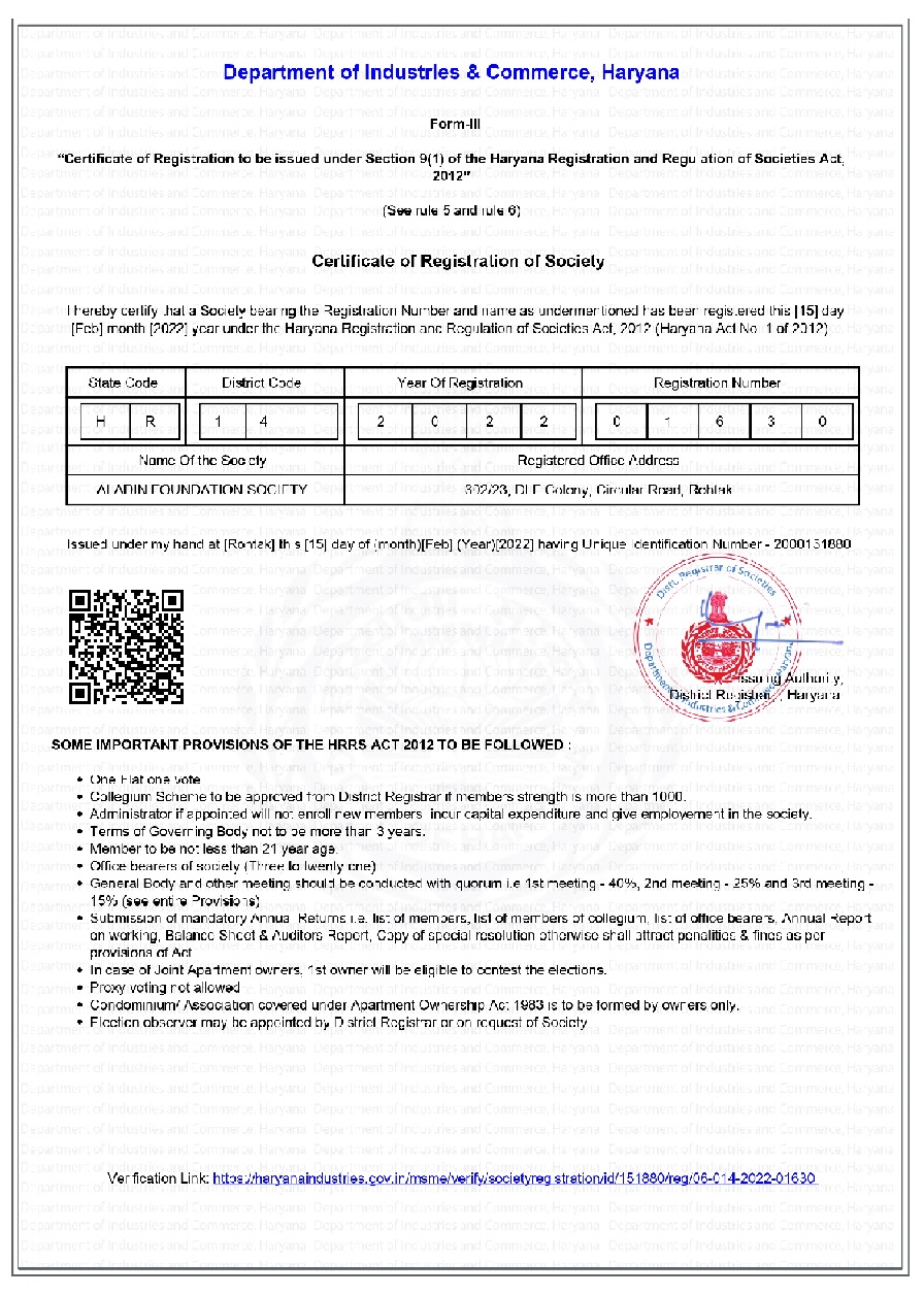 Registration of Society